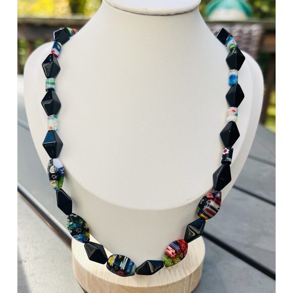 Millefiori Multicolored & Black Glass Beaded Necklaces 16” Artisan Boho T Clasp - Picture 2 of 11